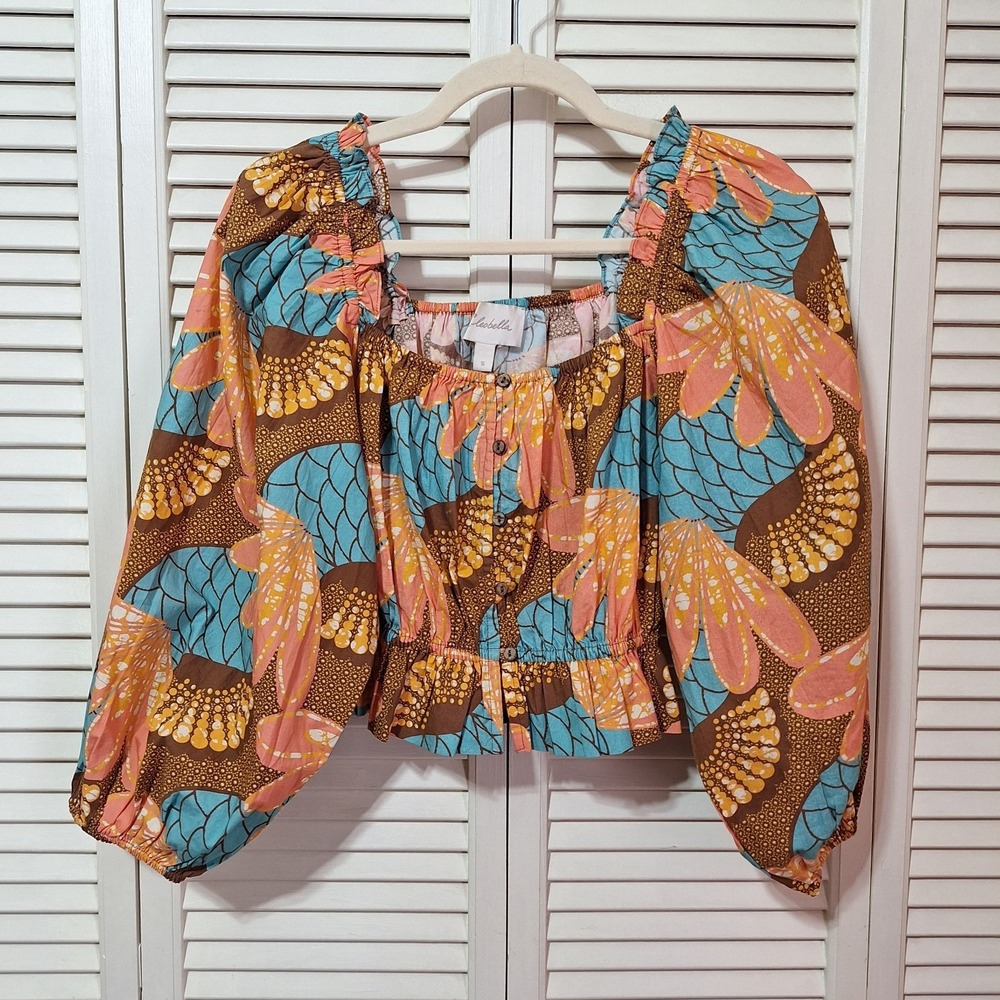 Cleobella Faye Cropped Top Size S Brown Pink Teal Boho Organic Cotton Button